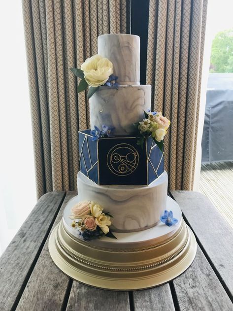 Wedding Cake With Navy Blue, 4 Tier Wedding Cake, Marble Wedding, Navy Blue And Gold, Gold Theme, Tiered Wedding Cake, Marble Effect, Celebration Cakes, Blue And Gold