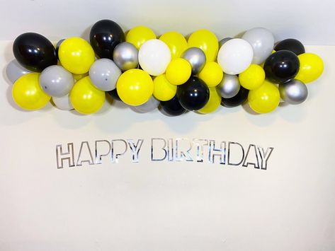 Balloon arch. Yellow, black, silver theme party. DIY balloon garland kit. Black And Yellow Birthday Theme, Yellow Black And White Party Decorations, Black And Yellow Balloon Garland, Yellow Black And White Balloon Garland, Black And Yellow Decorations Party Bee Theme, Silver Happy Birthday, Happy Birthday Captions, Black And White Balloons, Batman Cake