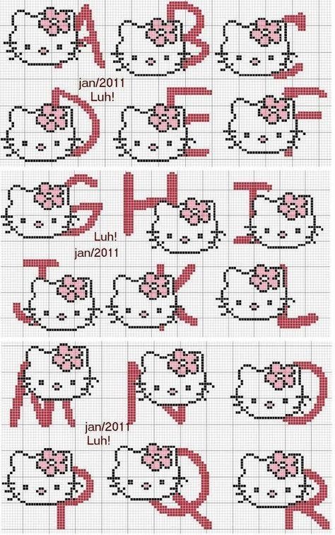 Cross Stitch Hello Kitty, Crochet Hello Kitty, Vogue Kids, Hello Kitty Crochet, Cross Stitch Fonts, Alfabet Letters, Cross Stitch Letters, Hello Kit, Pola Kristik