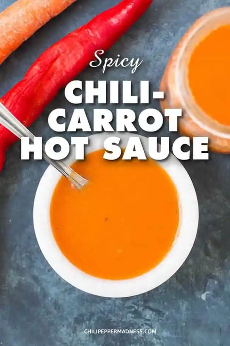 Spicy Chili-Carrot Hot Sauce - A homemade hot sauce recipe with an Asian flair, made with serrano peppers, cayenne peppers and carrots with ginger and herbs. Decidedly savory and sweet with a nice level of heat. | ChiliPepperMadness #HotSauce #SauceMaking #Carrots #SpicyFood #CayennePeppers Serrano Pepper Recipes Hot Sauces, Cayenne Hot Sauce Recipe, Serrano Hot Sauce Recipe, Serrano Pepper Recipes, Homemade Hot Sauce Recipe, Jalapeno Hot Sauce Recipe, Cayenne Pepper Recipes, Serrano Hot Sauce, Hot Sauce Recipe