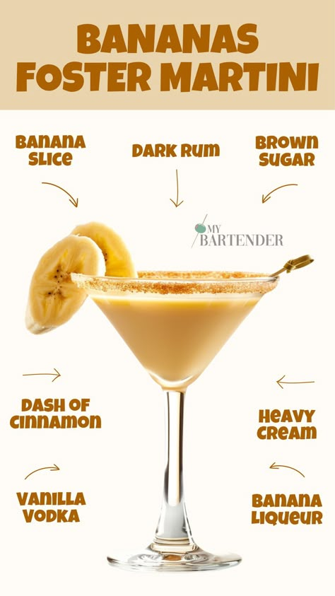 This delectable cocktail combines the smooth, seductive appeal of a martini with the rich, caramelized aroma of a classic Bananas Foster to create a sumptuous treat that’s ideal for capping off any dinner with style. #BananasFosterMartini