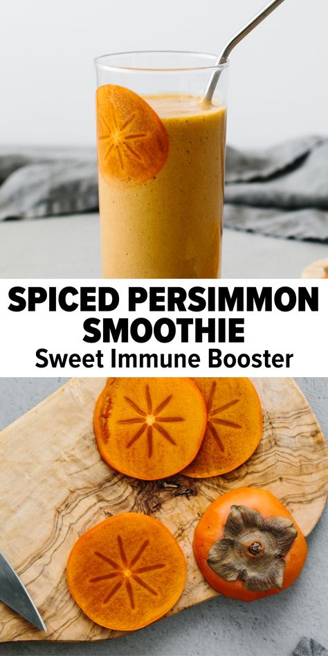 Spiced persimmon smoothie in a glass with sliced persimmons on a wood board Winter Smoothies Healthy, Persimmon Smoothie, Paleo Breakfast Smoothie, Winter Smoothies, The Perfect Smoothie, Persimmon Recipes, Immune Boosting Smoothie, Healthy Protein Shakes, Paleo Drinks