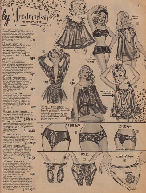 https://flic.kr/p/6zHqov | By Frederick's | Page 47 of a 1964 Frederick's of Hollywood catalog. Vintage Fredericks Of Hollywood Ads, Vintage Lingerie Ad, 1960s Lingerie, 60s Vintage Fashion, Packaging Prints, Vintage Fashion 1930s, Frederick’s Of Hollywood, Vintage Ootd, Feminine Energy Aesthetic