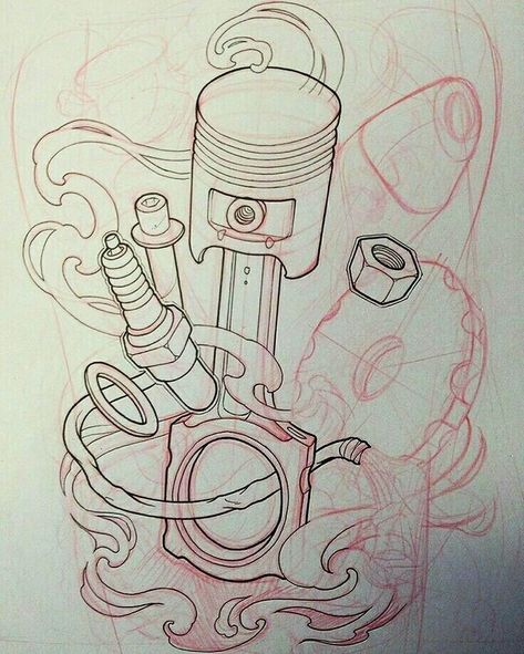 Garage Mural, Piston Tattoo, Hot Rod Tattoo, Engine Tattoo, Evolution Tattoo, Gear Tattoo, Harley Tattoos, Mechanic Tattoo, Motorbike Parts