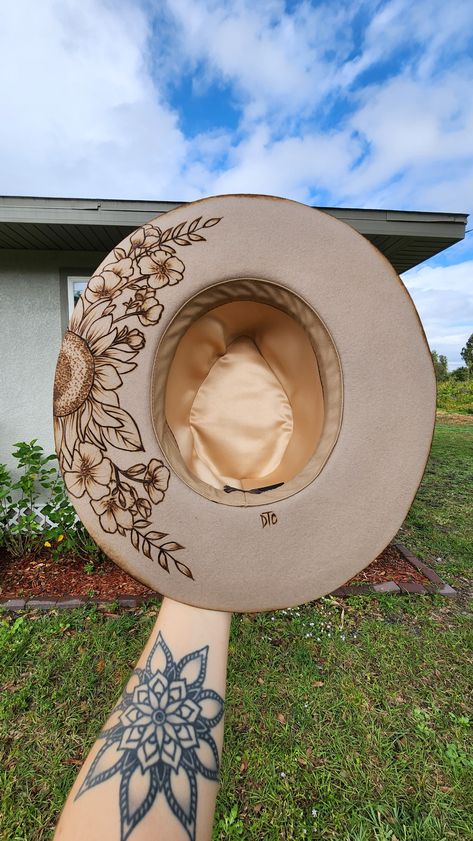 Felt Burnt Hats, Burned Wedding Hat, Felt Hat Pyrography, Woodburning Felt Hat, Painted Western Hat, Wide Brim Western Hat, Branded Cowgirl Hat, Wood Burnt Hats, Wood Burning On Felt Hats