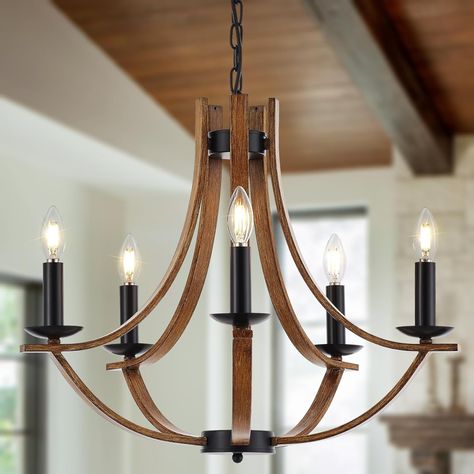 Widluth Farmhouse Wooden Chandelier Modern 22" Vintage 5-Lights Candle Style Chandelier with Wood Finish Metal Industrial Retro Rustic Black Chandelier for Dining Room, Kitchen, Living Room, E12 - Amazon.com Wood And Metal Chandelier, Wood Chandelier Rustic, Lustre Industrial, Lustre Vintage, Chandelier Farmhouse, Chandelier For Dining Room, Farmhouse Light Fixtures, Kitchen Chandelier, Wooden Chandelier