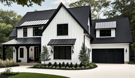 White Exterior House Black Trim, White House Black Trim Exterior, Barn Dominium Houses, Black And White Exterior House, House Black Trim, Black And White House Exterior, Black Trim Exterior House, White House Black Trim, White House Black Shutters