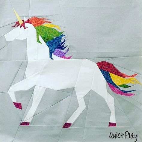 This Unicorn Paper Pieced Quilt block pattern is AMAZING. So much detail! Unicorn Quilt, Horse Quilt, Butterfly Stencil, Quiet Play, Foundation Paper Piecing Patterns, Rainbow Quilt, Paper Pieced Quilt, Pretty Quilt, Animal Quilts