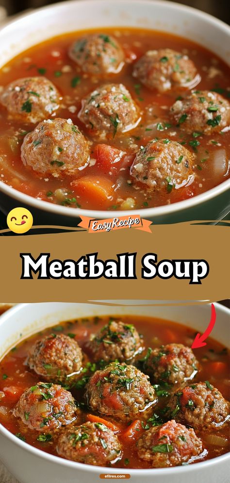 Warm up with a bowl of hearty meatball soup, loaded with juicy meatballs, tender vegetables, and a savory broth that will comfort you on the chilliest days. #SoupSeason #MeatballSoup #ComfortFood Meatball Beef Stew, Soup Recipes Meatball, Meatball Soups And Stews, Vegetable Soup With Meatballs, Meatballs Soup Recipes, Meatball Soup Recipes Easy, Crockpot Meatball Soup, Meatball Soup Crockpot, Meatball Vegetable Soup