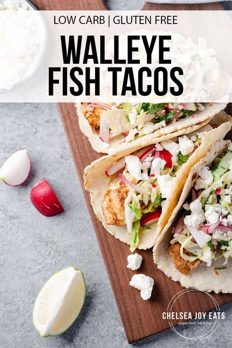 Walleye Tacos Fish Recipes, Walleye Fish Tacos Recipe, Keto Walleye Recipes, Walleye Fish Tacos, Healthy Walleye Recipes, Walleye Tacos, Grilled Walleye Recipes, Salsa Verde Pork, Grilled Walleye