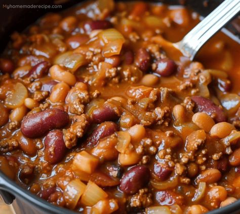 Cowboy Beans Recipe - Hearty and Flavorful - My Home Made Recipe Cowboy Beans Recipe, Cowboy Chili Recipe, Lemon Creme Cake, Cowboy Baked Beans, Beans With Bacon, Cowboy Beans, Applewood Bacon, Baked Bean Recipes, Baked Asparagus