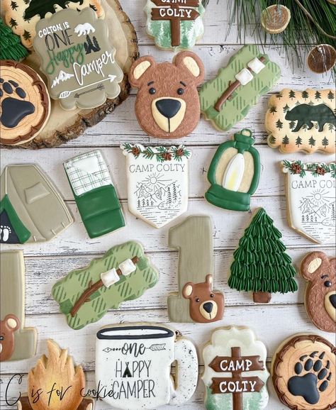 First Birthday Themes For Boys, One Happy Camper First Birthday, Truck Cookies, Happy Camper Birthday Party, Camping Cookies, Camping Theme Birthday, Camp Party, Beary Cute, First Birthday Cookies