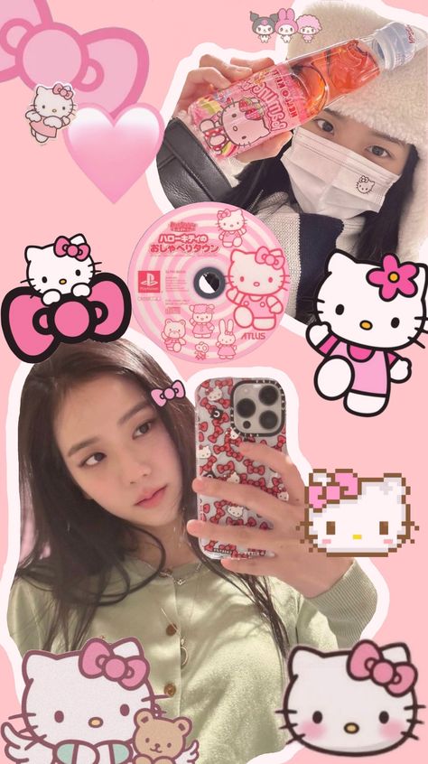 Hello Kitty Aesthetic Wallpaper, Jisoo Hello Kitty, Black Pink Jisoo, Ahri Wallpaper, Jisoo Wallpaper, Emoji Wallpaper Iphone, Blink Book, Black Pink Background, Hello Kitty Backgrounds