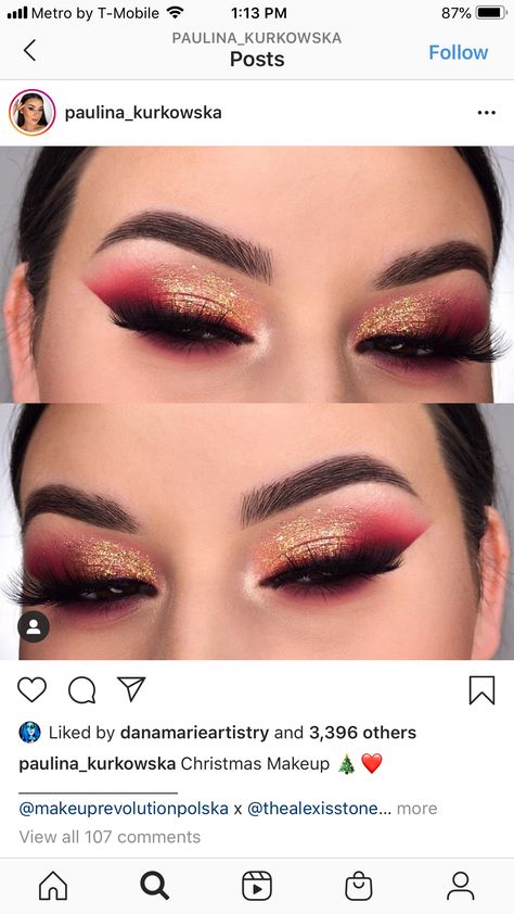 Red Black And Gold Eyeshadow, Gold Red Makeup Looks, Red And Gold Smokey Eye, Red Gold Black Makeup, 49ers Makeup Look, Red And Gold Wedding Makeup, 49er Makeup Ideas, Red And Gold Quinceanera Makeup, Red Prom Makeup For Blue Eyes