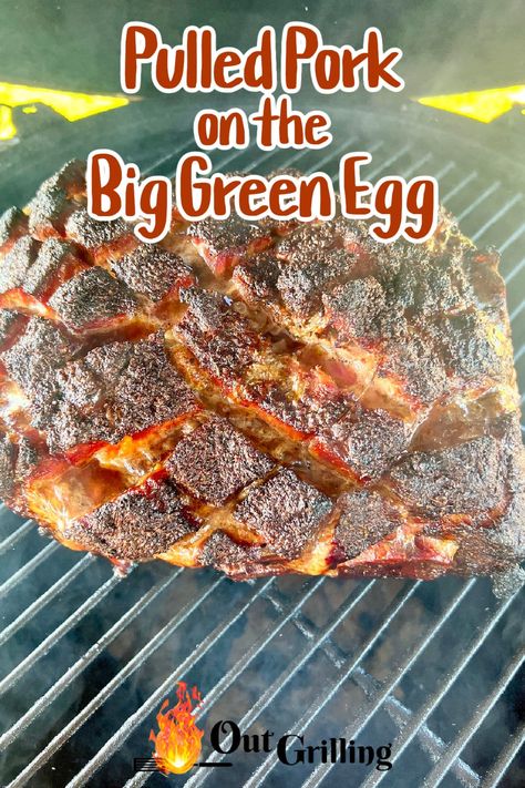 Pulled Pork on the Big Green Egg is a great make ahead meal to feed a crowd. Pork shoulder cooked low and slow with hardwood smoke makes the absolute best bbq sandwiches. Green Egg Pork Shoulder, Green Egg Pulled Pork, Big Green Egg Pork Shoulder, Big Green Egg Pulled Pork, Pulled Pork Marinade, Meal To Feed A Crowd, Bbq Sandwiches, Grilling Recipes Pork, Big Green Egg Grill