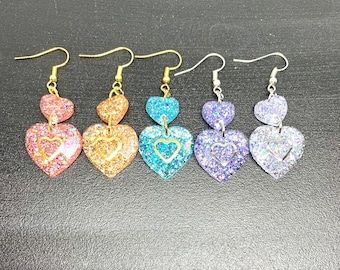 Resin Arts, Resin Crafting, Alloy Earrings, Diy Resin Crafts, Le Crochet, Heart Drop Earrings, Red Earrings, Double Heart, Holographic Glitter