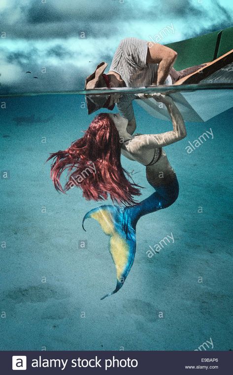 Download this stock image: Redhead siren luring a pirate to lean into water for a kiss - E9BAP6 from Alamy's library of millions of high resolution stock photos, illustrations and vectors. Mermaid Fairy, Mermaid Dreams, Mermaids And Mermen, Mermaid Life, Mermaid Tails, Beautiful Mermaids, Under Water, Mermaid Art, In The Ocean