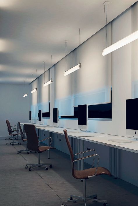 Office lighting with the anti-glare fixture designed for demanding working spaces. Trend Moodboard, Dream Office Space, Office Lighting Design, Working Room, Productive Office, Interior Design Sketches, Blue Lighting, Dream Office, Office Colors