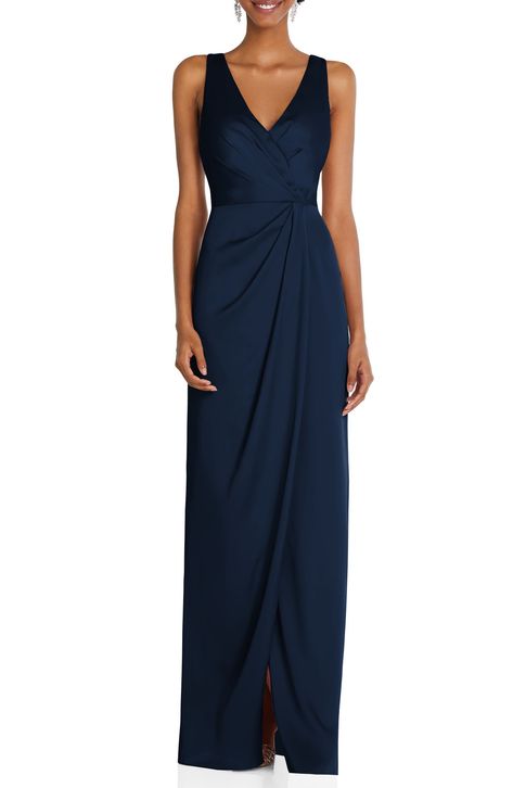 After Six Sleeveless Satin Faux Wrap Gown | Nordstrom Satin V-neck Evening Dress With Pleated Bodice, Bridesmaid Gown With Ruched Bodice And Draped Shape, Satin V-neck Maxi Dress With Ruched Bodice, Pre-draped Bridesmaid Gown With Ruched Bodice, Draped Gown With Ruched Bodice For Prom Season, Pre-draped Evening Dress With Ruched Bodice For Bridesmaids, Formal V-neck Ruched Gown, Formal Ruched V-neck Gown, Ruched Draped Gown For Prom Season