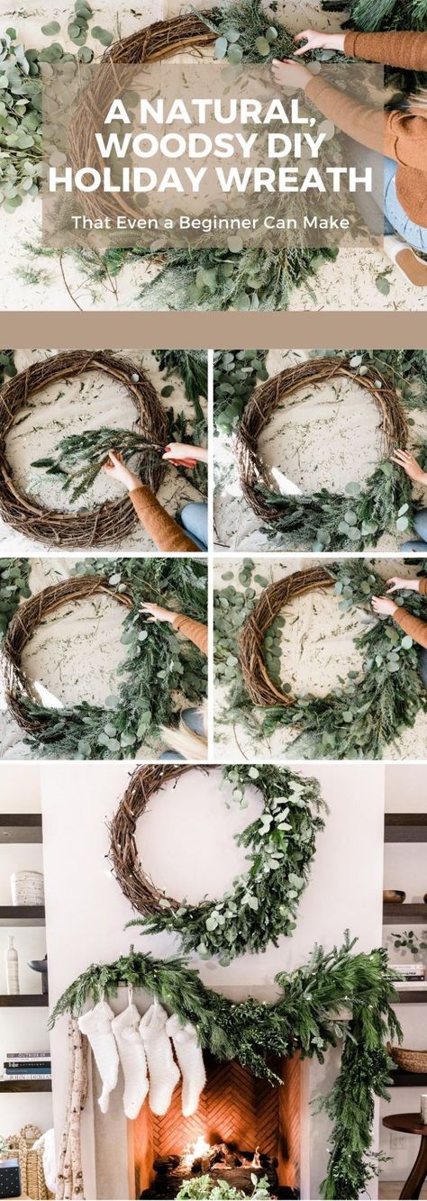 Wreath Above Fireplace, Green Arrangements, Grapevine Garland, Clay Bowls, Natural Branches, Christmas Tunes, Holiday Mantel, Natural Wreath, Camille Styles