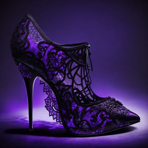 Gothic Wedding Heels, Goth Wedding Heels, Black And Purple Heels, Purple And Black Wedding Shoes, Purple Fairy Wedding Shoes, Dark Purple Heels, Purple Goth Aesthetic, Silly Wedding, Purple Black Wedding