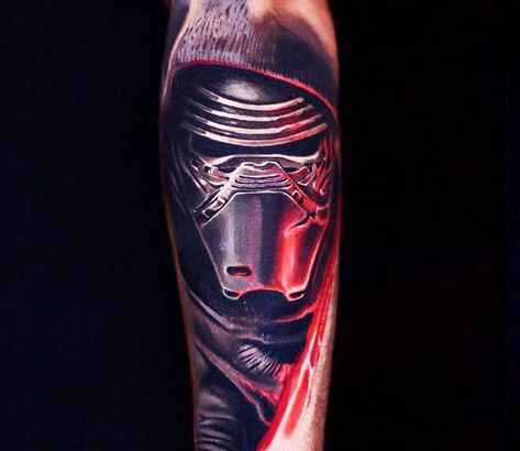 2 colors realistic tattoo style of Kylo Ren from Star Wars movie done by artist Ben Ochoa | Post 20192 | World Tattoo Gallery - Best place to Tattoo Arts Kylo Ren Tattoo, Castle Tattoos, Templar Knight Tattoo, Star Wars Tattoo Sleeve, Falcon Tattoo, Nikko Hurtado, Chicano Tattoos Sleeve, Ink Therapy, Nerd Tattoo