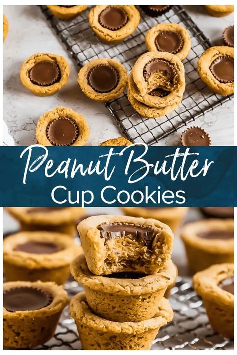 Peanut Butter Cup Cookies are the perfect little treat. Mini peanut butter cups are baked right into tart shaped cookies for a delicious bite-sized dessert. Everyone will eat these Reese's Cup Cookies right up because no one can resist chocolate peanut butter cookies! Reese Cup Cookies, Mini Peanut Butter Cups, Cannibis Recipes, Cup Cookies, Miniature Chocolate, Dessert Oreo, Peanut Butter Cup Cookies, Reeses Cups, Shaped Cookies