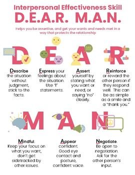 DEAR MAN 1-page printable DBT handout. This interpersonal effectiveness handout describes how to be assertive, and how to get your wants and needs met in a way that protects the relationship.8.5"x11" digital download printable PDFWant more resources like this? Check out my full catalog of DBT worksheets and handouts here.Related Products:DBT Coping Skills BundleThank You! I really appreciate your interest in this product! I love to design and create new things to support the emotional and behavioral health of kids and teens! It would  mean so much to me if you left a kind review and rating after purchasing a product (or freebie!) Feel free to contact me with any questions! Follow Me to get updates on new products coming soon! I am trying to add new items each week!  How can I earn free pro Interpersonal Effectiveness Activities, Dear Man Dbt Worksheet, Dbt For Kids, Checking In On You, Dear Man Dbt, Dear Man, Be Assertive, Dbt Therapy, Interpersonal Effectiveness