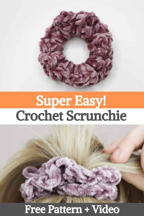 Crochet Scrunchies Velvet, Crochet Velvet Scrunchie Pattern Free, Crochet Velvet Scrunchie, Crochet Hair Scrunchies Free Pattern, Crochet Scrunchie Pattern Free, Bernat Velvet, Crochet Scrunchie, Crochet Scrunchies, Super Easy Crochet