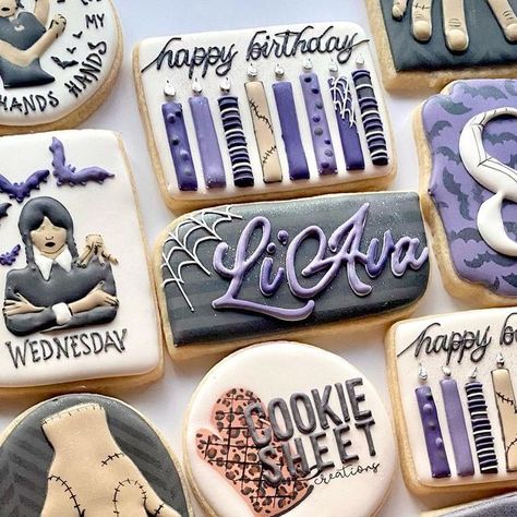 Cookie Sheet Creations on Instagram: "Some Wednesday for your Wednesday🖤 • • • #wednesdaycookies #wednesdayaddamscookies #birthdaycookies #wednesday #wednesdayaddams #decoratedsugarcookies #decoratedcookies #royalicingcookies" Wednesday Royal Icing Cookies, Wednesday Addams Decorated Cookies, Wednesday Decorated Cookies, Wednesday Theme Cookies, Wednesday Birthday Cookies, Wednesday Addams Birthday Cookies, Wednesday Adams Cookies, Wednesday Cookies Decorated, Wednesday Addams Cookies