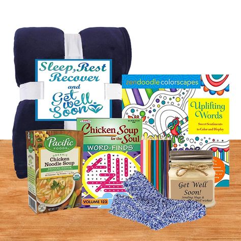 "Buy the Sleep, Rest and Recover Get Well Gift Set at Michaels. com. Send your Get Well wishes with this plush blanket and gift box of healthy snacks and fun activities. This get well gift perfect for get well soon or get well gifts for women after surgery is filled with Chicken noodle soup, a cozy blanket, adult coloring book, and more. It comes in a white gloss gift box with a get well soon ribbon. Details: Includes assorted items 14\" x 14\" x 12\" Contents: Soft blanket with our Exclusive Sl Get Well Soon Gift Basket, Get Well Soon Basket, Get Well Gift Baskets, Zen Doodles, Get Well Wishes, Gift Baskets For Women, Feeling Under The Weather, Vanilla Candle, Get Well Soon Gifts