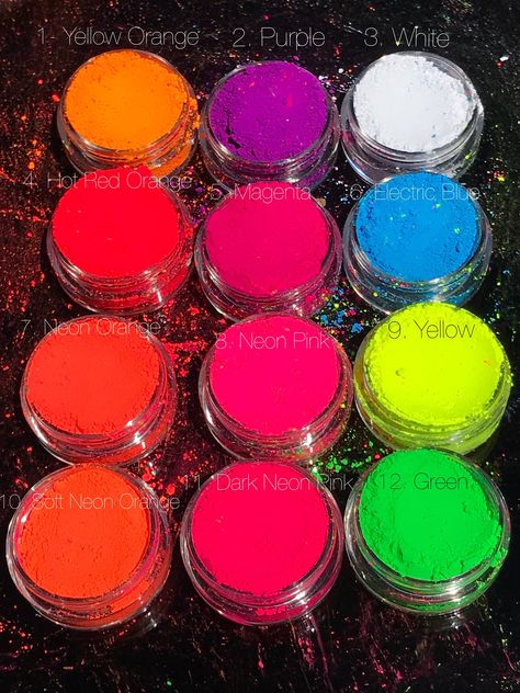 Neon Pigment Powder Colors in the collection: A total of 12 shades including a bright white. Each option is for 25 grams. Cosmetic Grade for professional and recreational use. *Shipped in right ziplock baggies for shipping efficiency. Upgrade price to be put in jar. Use: Works great in all nail art mediums including- acrylic, hard gel, gel polish, and polishes. - Create neon smoke nails or mix into acrylic, gel or polish to create your custom color. ---------------------------------------------- Neon Dip Powder Nails, Wild Nails, Flame Nail Art, Pretty Tips, Art Mediums, Beauty App, Glitter Pigment, Glow Nails, Nail Art Ombre