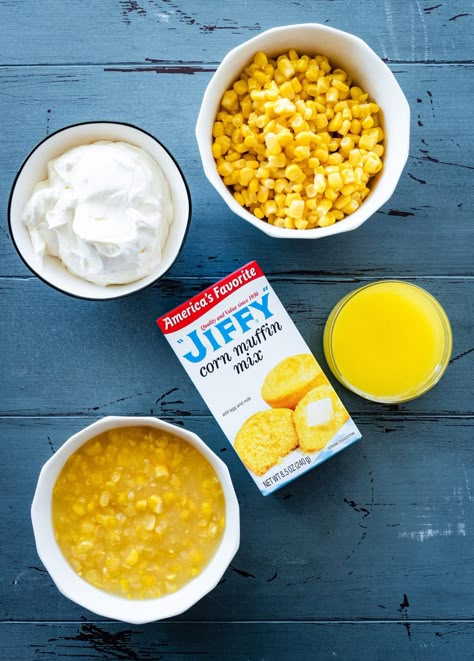 Easy Jiffy Corn Casserole Recipe (5 ingredients) - CucinaByElena Jiffy Corn Casserole Recipe, Corn Casserole Jiffy, Corn Pudding Casserole, Easy Corn Casserole, Cornbread Recipe Sweet, Jiffy Corn Muffin Mix, Corn Casserole Recipe, Sweet Cornbread, Corn Casserole