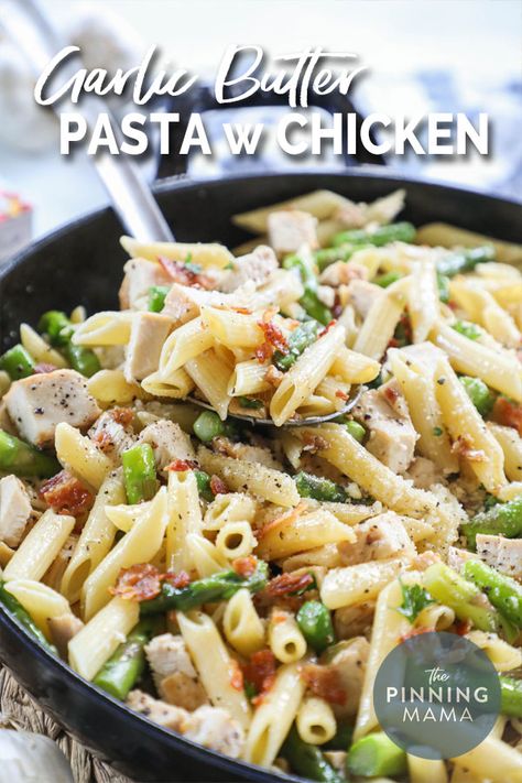 Garlic Butter Pasta with Chicken Bacon and Asparagus- This is the best pasta recipe for dinner! SO EASY and SO DELICIOUS! Penne pasta is cooked and tossed with a garlic butter sauce, grilled chicken, crispy crumbled bacon, and tender asparagus. This is SO good with SO much flavor, it has become a regular on the weekly meal rotation. Chicken Asparagus Pasta Recipes, Chicken And Asparagus Pasta Recipes, Pasta With Chicken And Asparagus, Grilled Chicken Pasta Recipes, Chicken Bacon Asparagus Recipes, Asparagus And Bacon Pasta, Chicken Asparagus Pesto Pasta, Easy Delicious Chicken Recipes, Chicken Asparagus Pasta