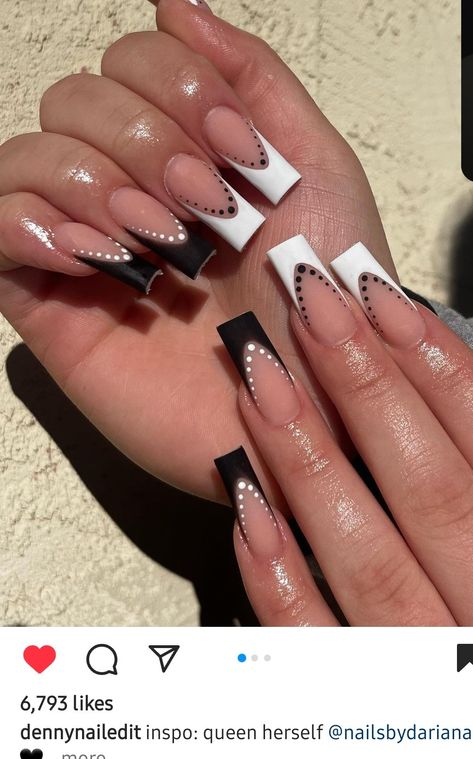 Black And White Nails Coffin, White And Black French Tip Nails, Long Square Nails Designs, Elegant Manicure Ideas, Black French Tip Nails With Design, Black And White French Tip Nails, Black And White Nails Ideas, Black And White Acrylic Nails, French Tip Long