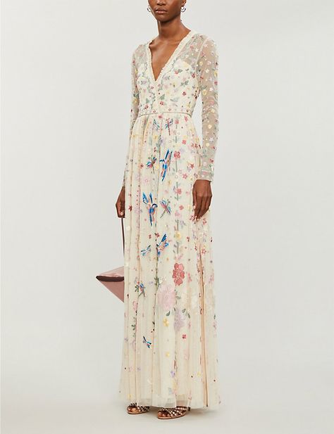 NEEDLE AND THREAD - Needle & Thread x Jasmine Hemsley Elements embroidered recycled-tulle gown | Selfridges.com Jasmine Hemsley, Needle And Thread Dresses, Vowel Renewal, Thread Needle, Air Fire, Sleeve Gown, Wedding Clothes, Long Sleeve Gown, Elegant Bride