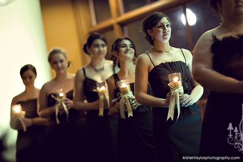 Instead of carrying flowers, bridesmaids could carry candles. Candles could also have a charm in remembrance of those who could not be there to celebrate Bridesmaid Candle Bouquet, Bridesmaids Holding Candles, Bridesmaid Candles, Bridesmaid Bouquet Alternatives, Candle Bouquet, Dark Romantic Wedding, Bridesmaid Candle, Ceremony Candles, Instead Of Flowers