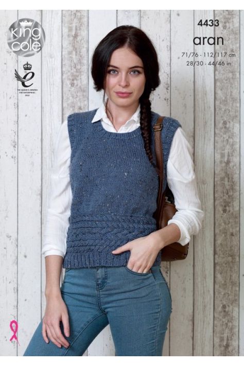 King Cole 4433 Slipover and Sweater in Big Value Aran (leaflet) - Wool Warehouse - Buy Yarn, Wool, Needles & Other Knitting Supplies Online! Slipover Sweater, Aran Knitting, Aran Knitting Patterns, Baby Kimono, Knit Vest Pattern, Cable Needle, Pattern Code, King Cole, Knitting Supplies