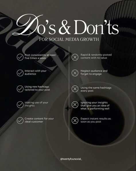 ✨WHAT I LEARNED TO GROW ON SOCIAL MEDIA✨ Here are some essential do’s and don’ts to keep in mind! From posting consistently to engaging with your audience, these tips will help you navigate your social media strategy for optimal growth. Remember, it’s all about connecting with your ideal customer and making the most out of your insights. ✨📈 #SocialMediaGrowth #MarketingTips #DoAndDonts #twentyfoursocial Grow On Social Media, Social Media Growth Strategy, Social Media Strategy Template, Social Media Strategy, Social Media Growth, Ideal Customer, Social Media Engagement, Growth Strategy, Media Strategy