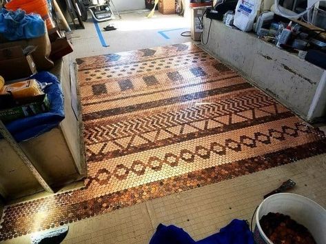 Top 60 Best Penny Floor Design Ideas - Copper Coin Flooring Coin Flooring, Pennies Crafts, Penny Flooring, Penny Floor Designs, Penny Decor, Penny Table Tops, Floor Design Ideas, Penny Crafts, Penny Mosaic