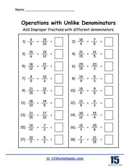 Unlike Fractions Worksheet, Adding Improper Fractions, Unlike Fractions, Fractions With Unlike Denominators, Addition Of Fractions, Operations With Fractions, Simplifying Fractions, Holiday Science, Adding Fractions