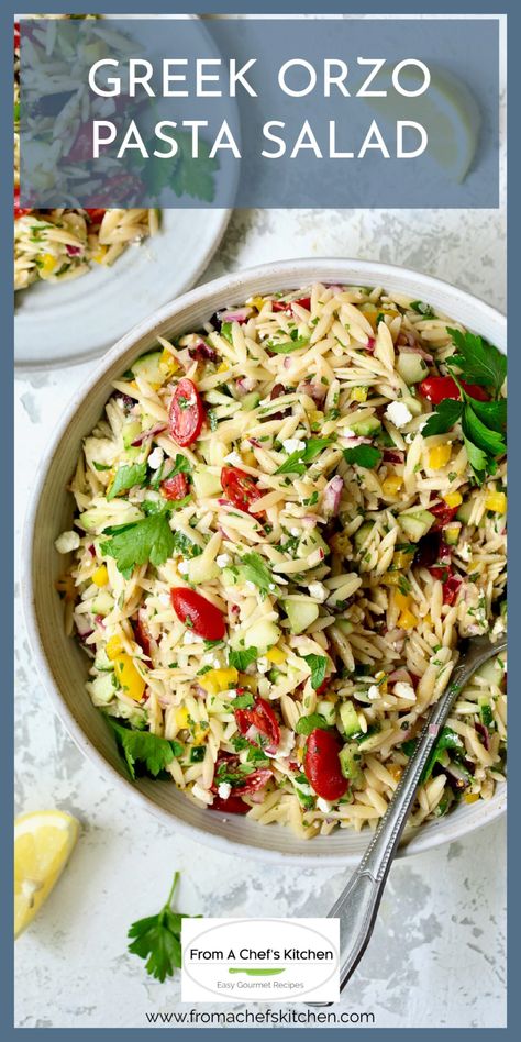 Greek Orzo Pasta Salad is full of fresh, crunchy vegetables and bright, summery flavors!  It's the perfect crowd-pleasing salad to take to your summer get-together. #pasta #pastasalad #orzo #Greeksalad Greek Orzo Pasta Salad, Greek Orzo Pasta, Orzo Pasta Recipes, Greek Orzo, Greek Pasta Salad Recipe, Greek Orzo Salad, Orzo Salad Recipes, Greek Dinners, Salads For A Crowd