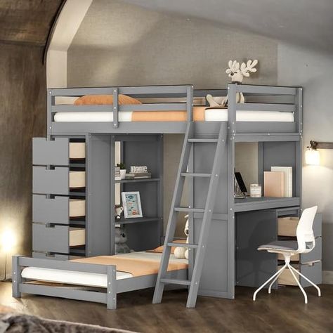 Practical Twin over Twin Bunk Bed with LED Light and USB Ports, Gray - Bed Bath & Beyond - 39768766 Bed With Desk Underneath, Futon Bunk Bed, Bunk Bed With Desk, Loft Bed Frame, Kids Loft, Twin Size Loft Bed, Bed With Desk, Bed With Led Lights, Kids Loft Beds