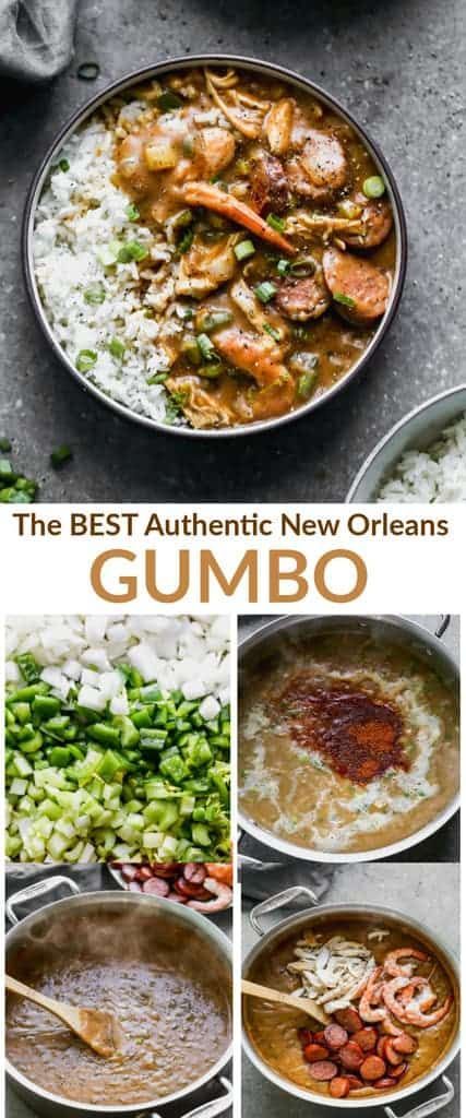 Warm up with this Authentic New Orleans Gumbo, a delicious and soulful dinner recipe straight from a native New Orleanian! Made with a dark roux, vegetables, chicken, sausage, and shrimp, this gumbo is served over rice for a hearty and comforting meal. Explore the world of Cajun recipes and bring the taste of New Orleans to your dinner table with this amazing gumbo. Save this pin to revisit this family-favorite recipe and create unforgettable memories with your loved ones. Favorite Gumbo Recipe, Southern Chicken And Sausage Gumbo, Chicken And Sausage Gumbo Easy, Cajun Recipes Louisiana Authentic Gumbo, Chicken And Shrimp Gumbo Recipe Easy, Chicken Sausage Shrimp Okra Gumbo, Crab Gumbo Recipe Easy, Homemade Gumbo Recipe New Orleans, Gumbo And Rice