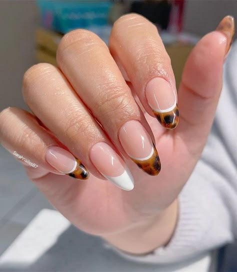 7. Tortoiseshell & White French Tip Nails Let me guess, you are about to give up your Valentine’s day nails and looking for some... Tortoise Shell Tip Nails, Unique French Tip Nails, Color Trends For 2023, Nail Designs Easy, Random Nails, White French Tip Nails, Nails Selfie, Fresh Nails, Bday Nails