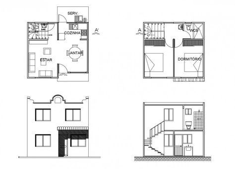 Plan Elevation Section Of House, Plan Section Elevation Drawings, Small Eco House, Arch Plan, Residential Building Plan, Autocad Floor Plan, Plan Apartment, Plan Elevation, Tiny Room