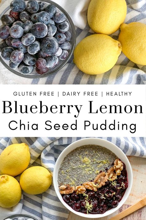 Blueberry Lemon Chia Pudding is a dairy free, gluten free, naturally sweetened, healthy breakfast! Tart lemon chia pudding is topped with sweet blueberry compote and sweetened with maple syrup. It's light, refreshing and delicious! #chiapudding #healthybreakfast #nocook #overnightchiapudding #oatmilk #almondmilk Chia Seed Pudding With Oatmilk, Lemon Chia Pudding, Alkaline Breakfast, Brunch Bites, Chia Puddings, Lemon Breakfast, Overnight Chia Pudding, Breakfast Tart, Chocolate Peanut Butter Smoothie