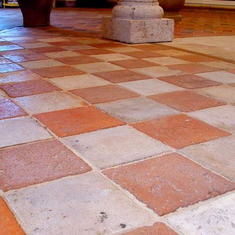 Terracotta Checkered Floor, Terra Cotta Floors, Terracotta Tile Floor, Terracotta Floor Tiles, Ranch House Exterior, Saltillo Tile, Porch Tile, Terracotta Floor, House Updates