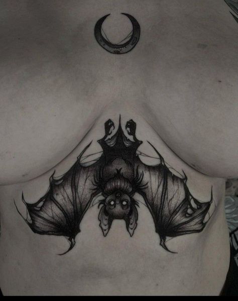 Bat Chest Piece Tattoo Female, Chest Tattoo Female Witch, Underbust Bat Tattoo, Bat Wings Tattoo Knee, Feminine Goth Tattoos, Sternum Bat Tattoo Women, Bat Ribcage Tattoo, Bat Sternum Tattoo Women, Bat Throat Tattoo