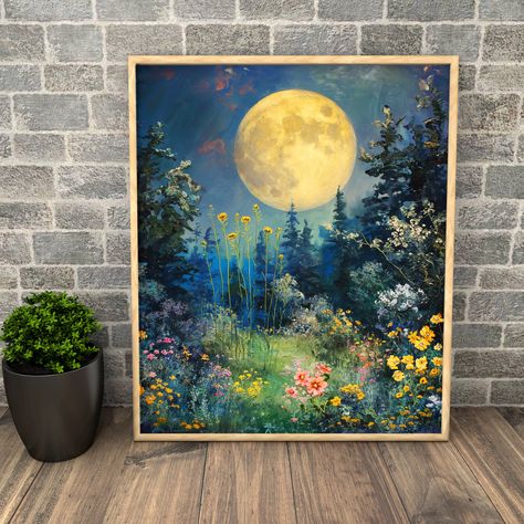 Full moon surrounded by wild flowers wooden poster. We offer many different sizes for you to pick from! Octagon Canvas Painting Ideas, Painting Ideas Moon, Moon Painting Ideas, Painting Ideas Abstract, Easy Landscape Paintings, Flower Canvas Art, Space Artwork, Moon Painting, Canvas Art Wall Decor